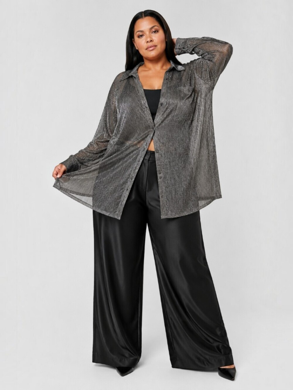 Pilcro Metallic Sheer Oversized Button Down Shirt Relaxed Layering Top 3X